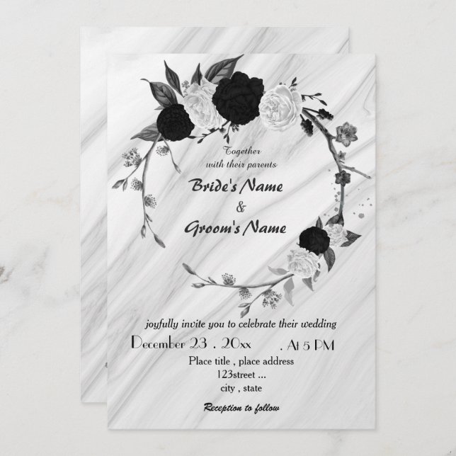 white and black floral wreath wedding invitation (Front/Back)