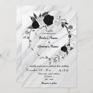 white and black floral wreath wedding invitation