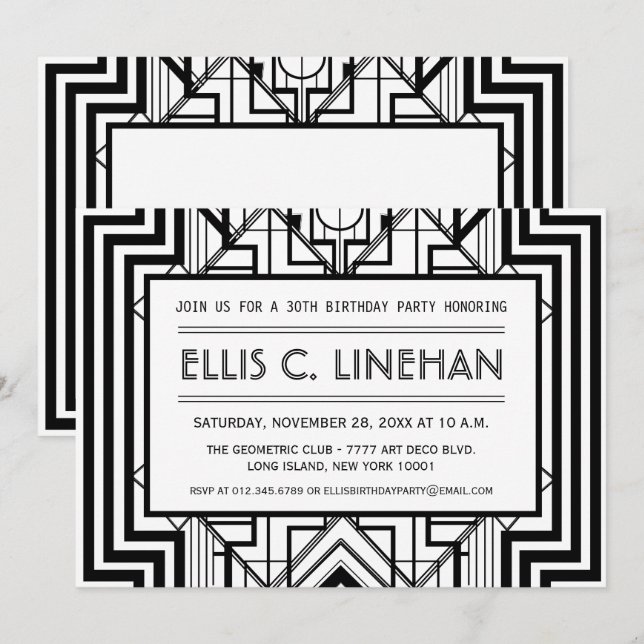White and Black Geometric Birthday Party Invites (Front/Back)
