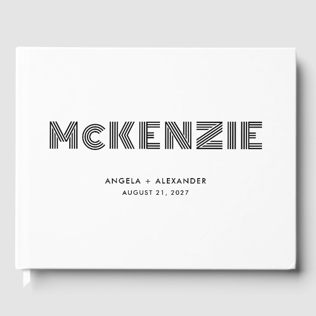 White and Black Geometric Retro Name Wedding Guest Book (Front)