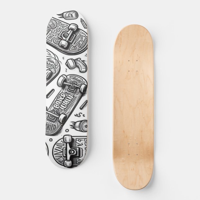 White and Black graffiti design 2 Skateboard (Front)