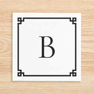 White and Black Greek Key Border Elegant Monogram Napkin