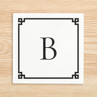 White and Black Greek Key Border Elegant Monogram Napkin