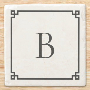 White and Black Greek Key Border Elegant Monogram Stone Coaster