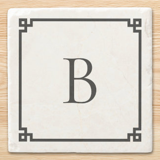 White and Black Greek Key Border Elegant Monogram Stone Coaster
