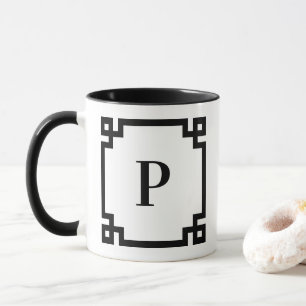 White and Black Greek Key Border Monogram Mug