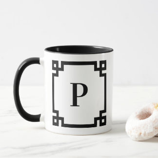 White and Black Greek Key Border Monogram Mug