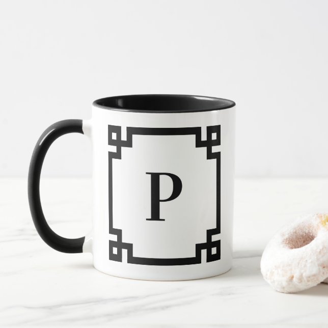 White and Black Greek Key Border Monogram Mug (With Donut)