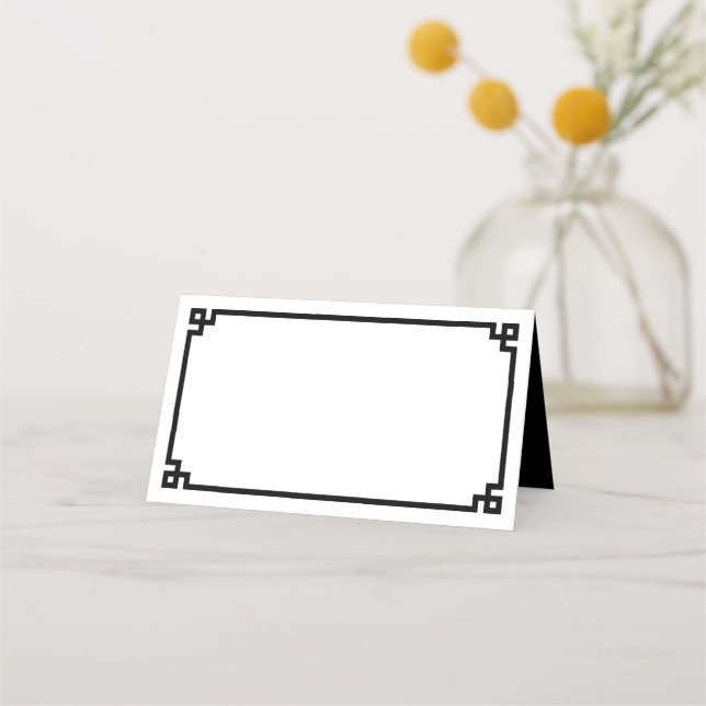 White and Black Greek Key Border Wedding Place Card (Front)
