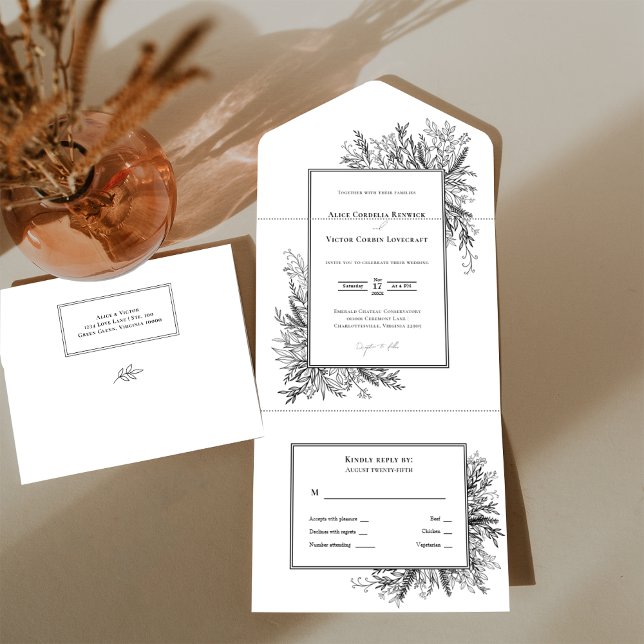 White and Black Greenery Wedding All In One Invitation (Creator Uploaded)