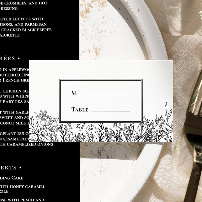 White and Black Greenery Wedding Flat Place Card (Creator Uploaded)