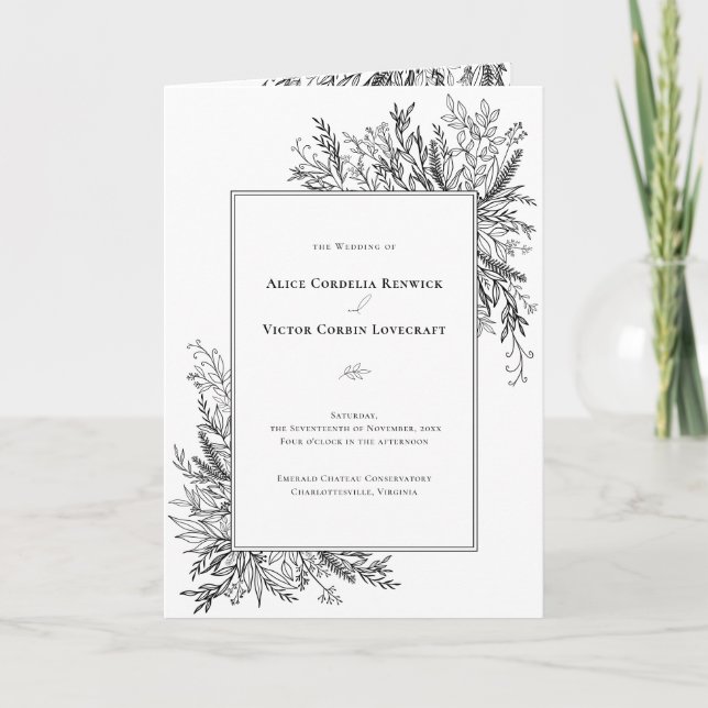 White and Black Greenery Wedding Folded Programme (Front)