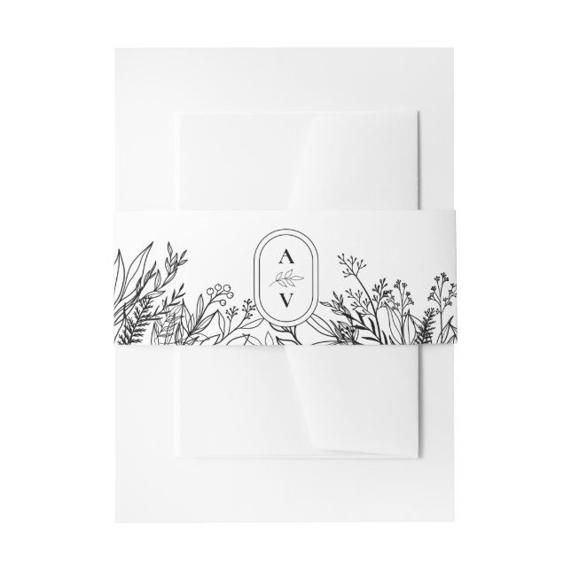 White and Black Greenery Wedding Monogram Invitation Belly Band (Front Example)