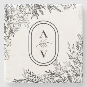 White and Black Greenery Wedding Monogram Stone Coaster