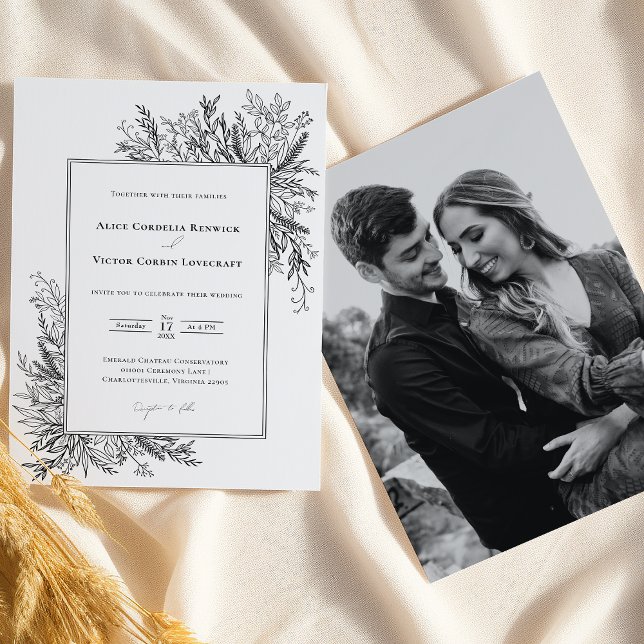White and Black Greenery Wedding Photo Invitation (Creator Uploaded)