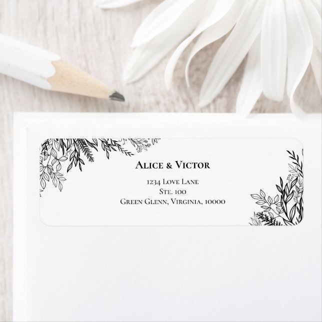 White and Black Greenery Wedding Return Address (Insitu)