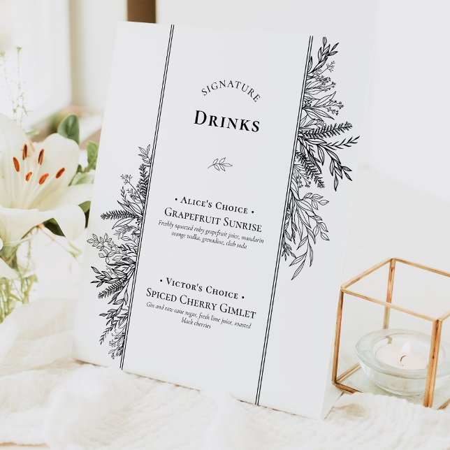 White and Black Greenery Wedding Signature Drinks Pedestal Sign (Creator Uploaded)
