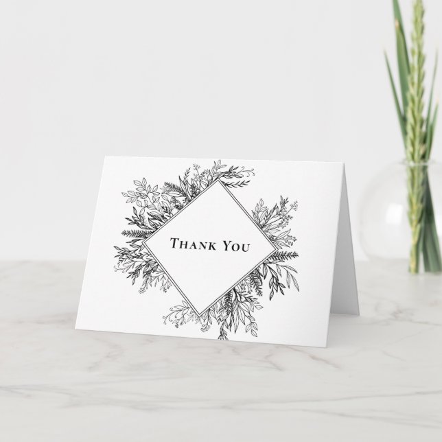 White and Black Greenery Wedding Thank You Card (Front)