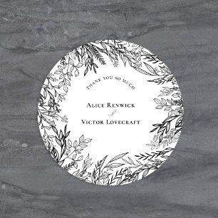White and Black Greenery Wedding Thank You Classic Round Sticker