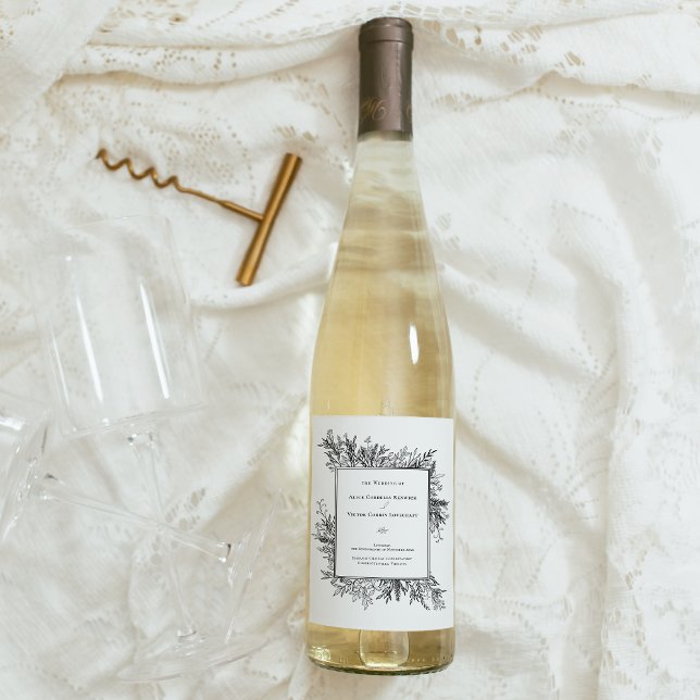 White and Black Greenery Wedding Wine Label (Creator Uploaded)