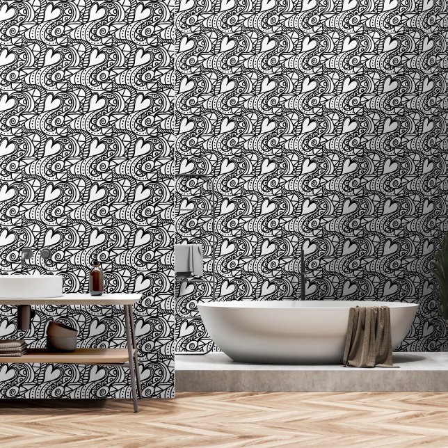 White and Black Heart Abstract Doodle Pattern Wallpaper (Bathroom)