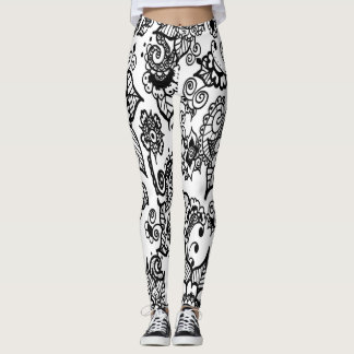 white and Black Henna Inspired Floral Leggings