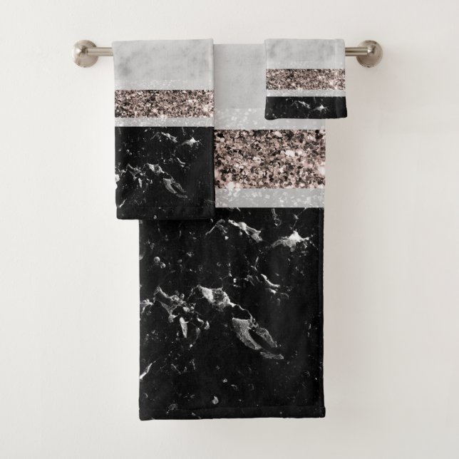 White and Black Marble Rose Gold Glitter Stripe #1 Bath Towel Set (Insitu)
