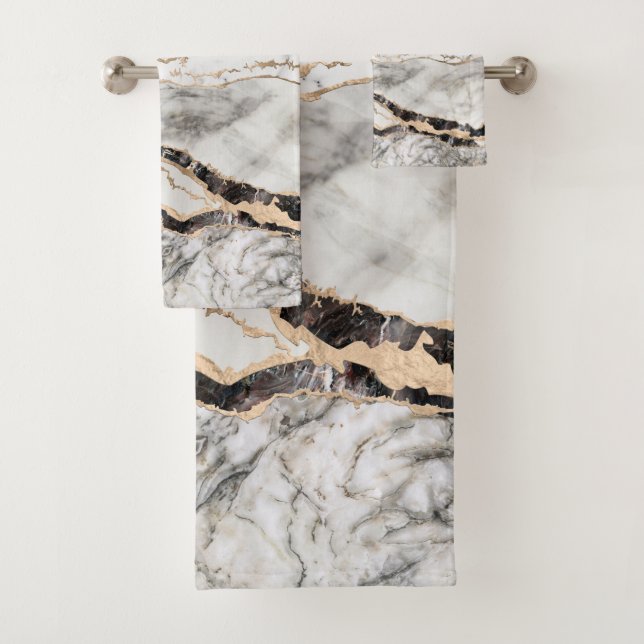 White and Black Marble Textures Abstract Bath Towel Set (Insitu)