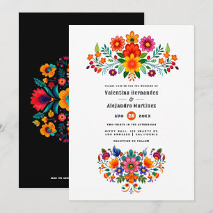 White and Black Mexican Folk Art Fiesta Wedding Invitation