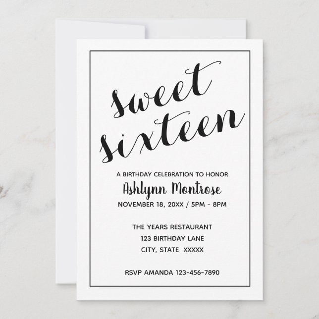 White and Black Minimalist Sweet 16 Invitation (Front)