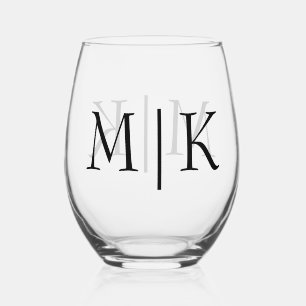 White and Black   Modern Monogram Stemless Wine Glass