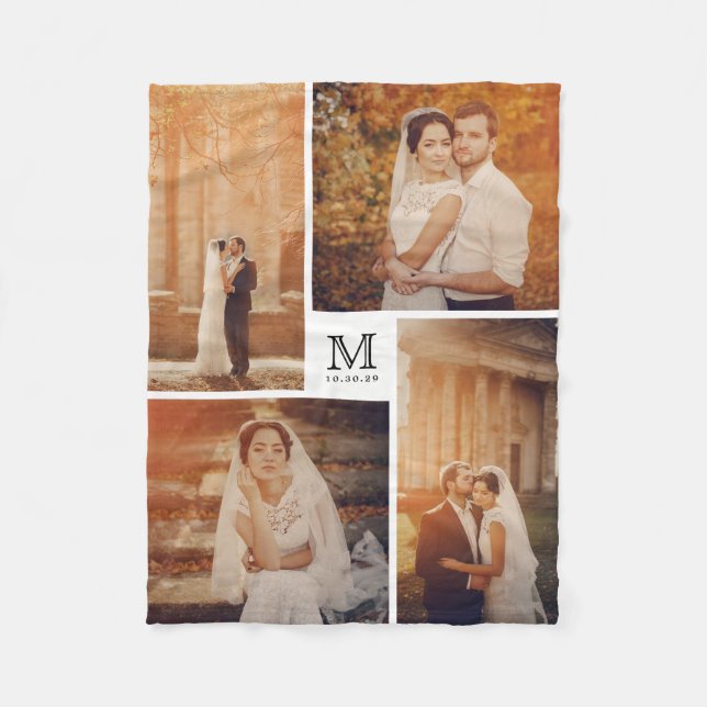 White and Black Monogram 4 Photo Collage Wedding Fleece Blanket (Front)