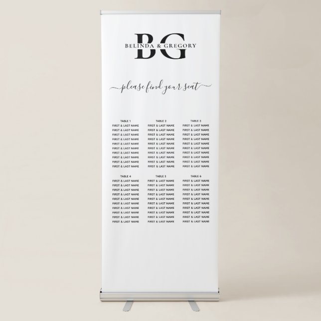 White and Black Monogram Wedding Seating Chart Retractable Banner (Front)