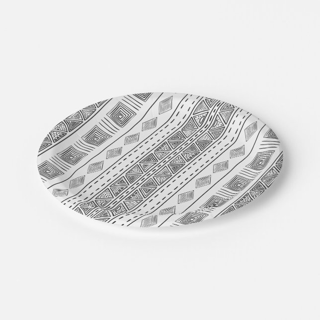 White and Black Mudcloth Inspired Ethnic Tribal Paper Plate (Angled)