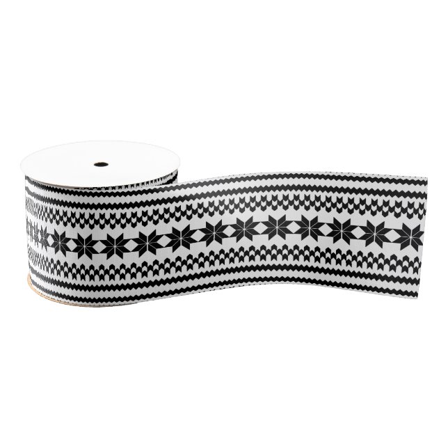 White and Black Nordic Christmas Sweater Pattern Grosgrain Ribbon (Spool)