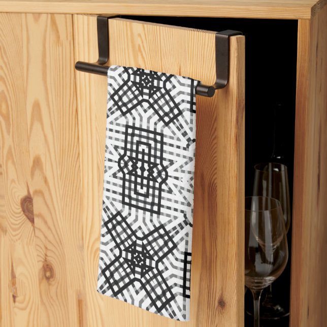 White and black openwork geometric pattern Anna Tea Towel (Thirds Fold)