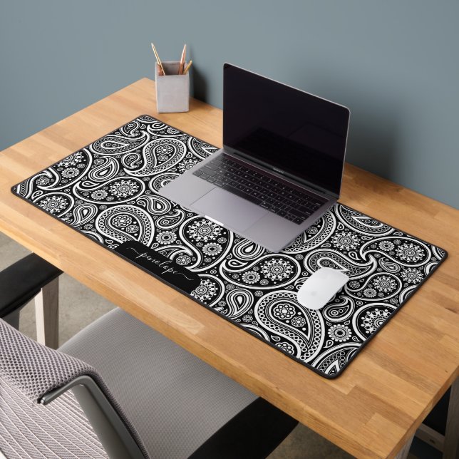 White and black paisley pattern custom monogram desk mat (Office 2)