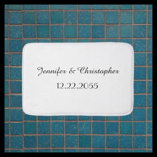 White and Black Personalised Script Name and Date Bath Mat