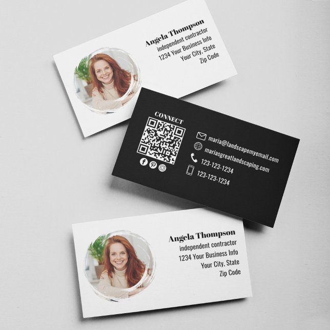 White and Black Photo QR Code Social Media Business Card (Black and white business card with a scannable QR Code.)