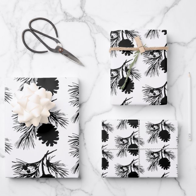 White And Black Pine Spruce Branch And Cone Wrapping Paper Sheet (Front)