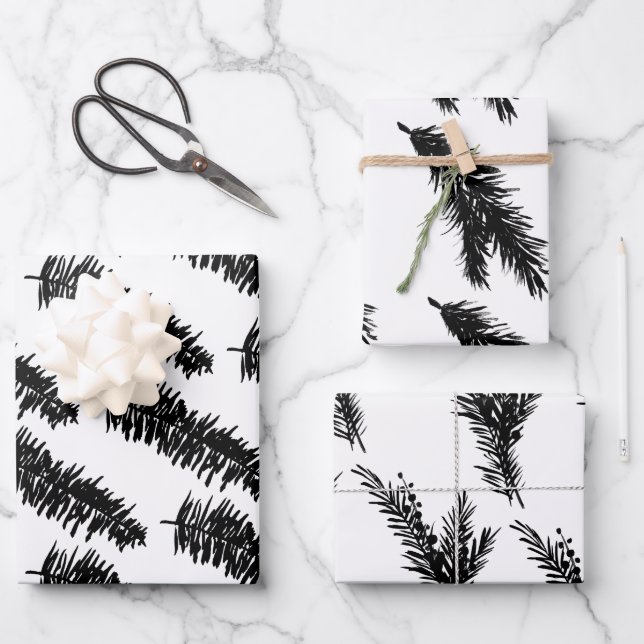 White And Black Pine Spruce Branches Wrapping Paper Sheet (Front)