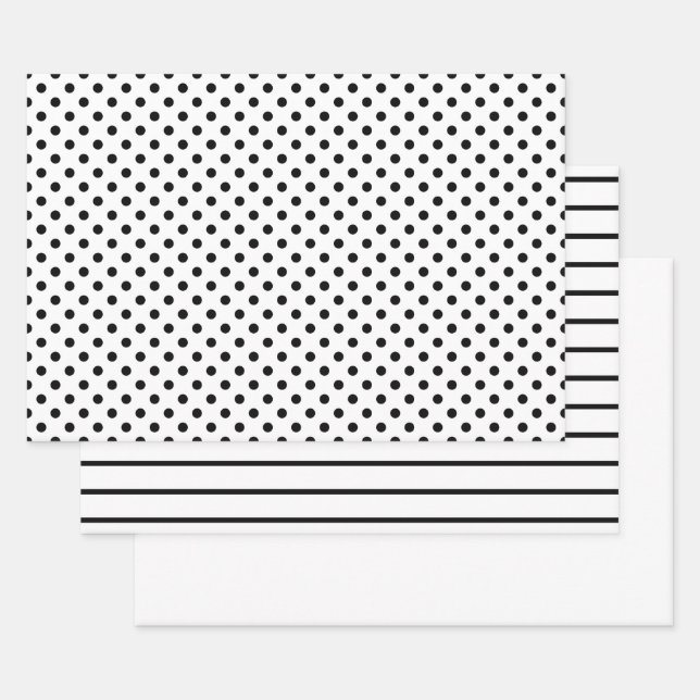 White and Black Polka Dot Stripes Wrapping Paper Sheet (Set)