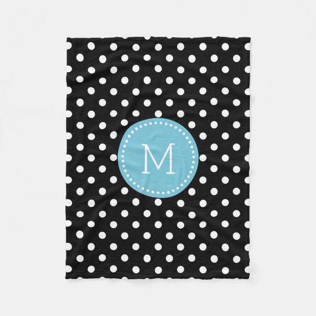 White And Black Polkadot Blue Accents Fleece Blanket (Front)