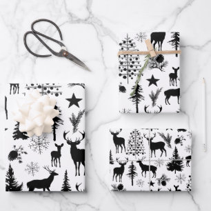 White And Black Reindeer Woodland Forest Modern Wrapping Paper Sheet