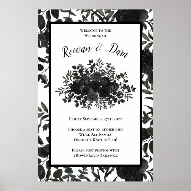 White and Black Rose Gothic Wedding Ceremony Sign (Front)