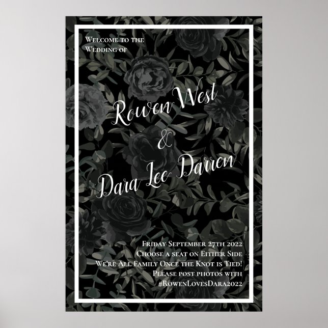 White and Black Rose Gothic Wedding Ceremony Sign (Front)
