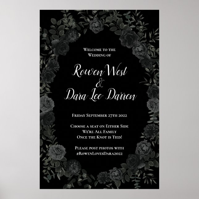 White and Black Rose Gothic Wedding Ceremony Sign (Front)