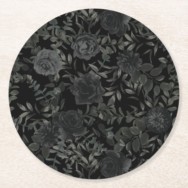 White and Black Rose Gothic Wedding Coasters (Front)