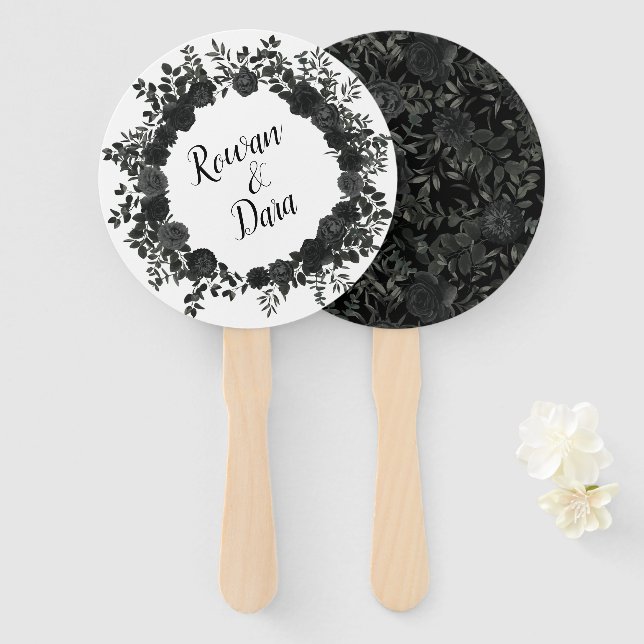 White and Black Rose Gothic Wedding Fans (Front and Back)