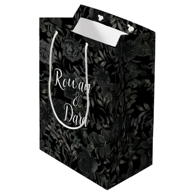 White and Black Rose Gothic Wedding Gift Bag (Back Angled)